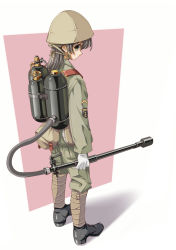 Rule 34 | 1girl, absurdres, ankle boots, black hair, boots, flamethrower, from behind, green eyes, helmet, highres, imperial japanese navy, leg wrap, long hair, longmei er de tuzi, looking at viewer, looking back, military, military uniform, original, shadow, simple background, soldier, solo, uniform, weapon, world war ii