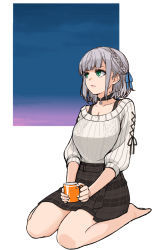 Rule 34 | 1girl, black choker, braid, breasts, choker, collarbone, crown braid, cup, green eyes, hair behind ear, highres, holding, holding cup, hololive, large breasts, looking up, mug, plaid, plaid skirt, sazare (sazare az), seiza, shirogane noel, shirogane noel (casual), silver hair, sitting, skirt, solo, sweater, sweater tucked in, virtual youtuber