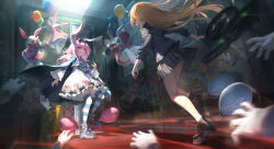Rule 34 | 2girls, 3others, alice (alice in wonderland), alice in wonderland, animal ears, balloon, blonde hair, cape, disembodied limb, dress, drone, highres, holding, holding balloon, long hair, motion blur, multiple girls, multiple others, observerz, original, pink eyes, pink hair, pleated skirt, rabbit ears, skirt, striped clothes, striped thighhighs, thighhighs