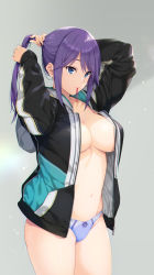 Rule 34 | 1girl, adjusting hair, arms up, black jacket, blue eyes, blue panties, breasts, character request, commentary request, copyright request, cowboy shot, hood, hooded jacket, iizuki tasuku, jacket, large breasts, long hair, mouth hold, multicolored clothes, multicolored jacket, navel, no bra, no pants, no shirt, open clothes, open jacket, panties, ponytail, purple hair, sidelocks, solo, stomach, thighs, underwear