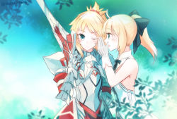Rule 34 | 2girls, armor, artoria pendragon (all), artoria pendragon (fate), black bow, black ribbon, blonde hair, blush, bow, clarent (fate), fate (series), gauntlets, gloves, green eyes, hair bow, holding, holding sword, holding weapon, long hair, mordred (fate), mordred (fate/apocrypha), multiple girls, neck ribbon, open mouth, outdoors, pauldrons, ponytail, ribbon, saber lily, shoulder armor, sleeveless, sword, touru 10ru, upper body, weapon, white gloves