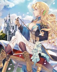 Rule 34 | 1girl, blonde hair, boots, braid, breasts, castle, cleavage, detached collar, fantasy, gloves, hair ornament, jewelry, leather, leather gloves, crossed legs, long hair, original, pants, pointy ears, sansa (aaxaa403), sitting, solo, twitter username, wavy hair, whip, white legwear, white pants