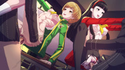 Rule 34 | 2boys, 2girls, abs, absurdres, amagi yukiko, arched back, atlus, black hair, black legwear, blsh (blshwrks), breasts, brown eyes, brown hair, clothed sex, clothing aside, group sex, hairband, head out of frame, hetero, highres, medium breasts, multiple boys, multiple girls, nipples, open clothes, panties, panties aside, persona, persona 4, pussy, pussy juice, satonaka chie, school uniform, self-upload, sex, socks, suspended congress, thigh grab, torn clothes, torn legwear, uncensored, underwear, vaginal, white socks