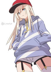 Rule 34 | 1girl, 4690 (tkpbsk), :&lt;, baseball cap, blonde hair, blue eyes, closed mouth, garter straps, hair between eyes, hands in pockets, hat, hood, hood down, hoodie, kantai collection, long hair, long sleeves, looking at viewer, one-hour drawing challenge, red hat, short shorts, shorts, simple background, solo, striped clothes, striped hoodie, thighhighs, twitter username, u-511 (kancolle), very long hair, white background, white shorts, white thighhighs