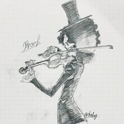 Rule 34 | 1boy, afro, black hair, brook (one piece), formal, from side, graphite (medium), hand up, hat, highres, holding, holding instrument, holding violin, instrument, layered sleeves, male focus, music, one piece, photo (medium), playing instrument, profile, shalay tanza18, short hair, skeleton, solo, suit, top hat, traditional media, upper body, violin