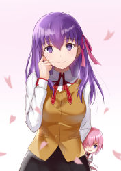 Rule 34 | black skirt, blunt bangs, brown vest, cherry blossoms, dress shirt, fate/grand order, fate/stay night, fate (series), hair between eyes, hair over one eye, hair ribbon, homurabara academy school uniform, long hair, looking at viewer, mash kyrielight, matou sakura, neck ribbon, necktie, pink hair, purple eyes, purple hair, randoru, red ribbon, ribbon, school uniform, shirt, skirt, smile, vest