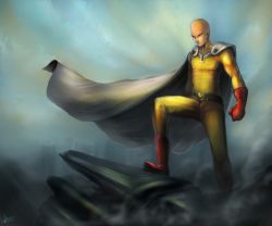 Rule 34 | 1boy, absurdres, bad id, bad pixiv id, bald, cape, gloves, highres, johnson zhuang, jumpsuit, male focus, one-punch man, saitama (one-punch man), solo, superhero costume