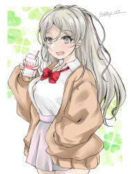Rule 34 | 1girl, alternate costume, artist name, bow, clover background, conte di cavour (kancolle), cup, dated, drinking straw, fang, gakky, grey eyes, grey hair, hand in pocket, holding, holding cup, kantai collection, long hair, one-hour drawing challenge, open mouth, pleated skirt, red bow, school uniform, serafuku, simple background, skirt, smile, solo
