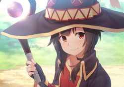 Rule 34 | 10s, 1girl, brown hair, choker, closed mouth, coat, collarbone, dacchi, dress, fingerless gloves, gloves, hat, highres, holding, holding staff, kono subarashii sekai ni shukufuku wo!, long sleeves, looking at viewer, megumin, red eyes, short hair, smile, solo, staff, upper body, witch hat