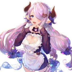 Rule 34 | 1girl, :d, apron, bad id, bad pixiv id, black skirt, black sweater, blue eyes, bow, breasts, cleavage, cleavage cutout, clothing cutout, cowboy shot, floating hair, frilled apron, frills, granblue fantasy, hair bow, hair ornament, hair over one eye, heart, heart cutout, heart hair ornament, heart hands, horns, long hair, medium breasts, miniskirt, multiple hair bows, narmaya (granblue fantasy), narmaya (valentine) (granblue fantasy), open mouth, pleated skirt, pointy ears, purple bow, ribbed sweater, rowya, silver hair, simple background, skirt, smile, solo, standing, sweater, twintails, very long hair, white apron, white background