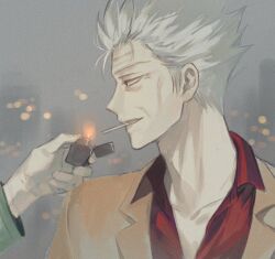Rule 34 | 2boys, black eyes, blazer, cigarette, city lights, collared shirt, fire, gin to kin, grey hair, grin, hirai ginji, holding, holding lighter, jacket, kata (kattttttta), lighter, lighting cigarette, long sleeves, looking at another, looking to the side, male focus, morita tetsuo, multiple boys, old, old man, out of frame, profile, red shirt, shirt, short hair, smile, solo focus, upper body, yellow jacket