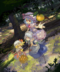 Rule 34 | 3girls, 77gl, bat wings, blonde hair, blue hair, braid, carrying, female focus, flandre scarlet, foreshortening, forest, hat, izayoi sakuya, maid, multiple girls, nature, outdoors, plant, ponytail, red eyes, remilia scarlet, short hair, shoulder carry, side ponytail, touhou, tree, twin braids, wings