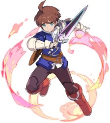 Rule 34 | 1boy, ahoge, alk (world flipper), arm up, artist request, belt, blue eyes, blue jacket, boots, brown hair, brown pants, closed mouth, collared shirt, fire, full body, gauntlets, gem, gloves, hand up, happy, highres, holding, holding sword, holding weapon, jacket, jumping, knee boots, leg up, long sleeves, looking at viewer, male focus, non-web source, official art, outstretched arm, pants, red footwear, sheath, shirt, short hair, sidelocks, simple background, smile, solo, sword, transparent background, v-shaped eyebrows, weapon, white gloves, white shirt, world flipper