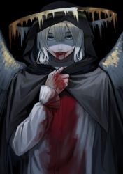 Rule 34 | 1boy, androgynous, angel wings, black cape, blood, blood on clothes, blood on face, cape, halo, highres, hood, hood up, hooded cape, lipstick, looking at viewer, makeup, male focus, original, pale skin, shirt, solo, utg amtu, white hair, white shirt, wings