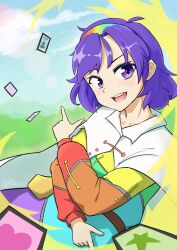 Rule 34 | 1girl, absurdres, artist name, blue hair, blue sky, cape, card, collarbone, hairband, highres, impossible clothes, long sleeves, looking at viewer, multicolored clothes, multicolored hairband, multiple hairbands, pointing, purple eyes, short hair, sky, solo, swept bangs, teeth, tenkyuu chimata, touhou, upper body, upper teeth only, wavy hair, white cape, xh1257, zipper