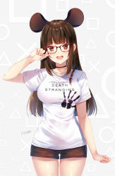 Rule 34 | 1girl, :d, abstract background, adjusting eyewear, animal ears, arm up, black choker, blunt bangs, blush, braid, breasts, brown hair, brown shorts, choker, clothes writing, collarbone, commentary request, cowboy shot, death stranding, glasses, grey background, hair ribbon, large breasts, long hair, mouse ears, open mouth, original, partial commentary, red-framed eyewear, red eyes, red ribbon, ribbon, round teeth, shirt, short shorts, short sleeves, shorts, signature, smile, solo, straight hair, teeth, thighs, upper teeth only, white shirt, zinno