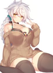 Rule 34 | 1girl, asymmetrical hair, bad id, bad tumblr id, between breasts, black thighhighs, blush, bow, braid, breasts, brown sweater, camisole, choker, cleavage, collarbone, eyelashes, failure penguin, green bow, hair bow, hand gesture, jewelry, jitome, kantai collection, large breasts, legs, long hair, looking at viewer, off-shoulder, off-shoulder sweater, off shoulder, panties, pendant, pokoten (pokoten718), ribbed sweater, silver hair, simple background, single braid, sitting, smile, solo, sweater, swept bangs, thick thighs, thighhighs, thighs, underwear, unryuu (kancolle), v, very long hair, wariza, wavy hair, white background, white panties, yellow eyes