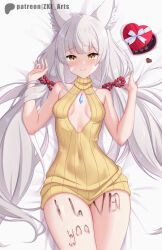 Rule 34 | 1girl, animal ear fluff, animal ears, blush, body writing, box, breasts, candy, cat ears, chest jewel, chocolate, chocolate heart, cleavage cutout, clothing cutout, core crystal (xenoblade), facial mark, food, grey hair, heart, heart-shaped box, highres, low twintails, lying, nia (blade) (xenoblade), nia (xenoblade), on back, sleeveless, sleeveless turtleneck, small breasts, smile, solo, thighs, turtleneck, twintails, valentine, whisker markings, xenoblade chronicles (series), xenoblade chronicles 2, yellow eyes, z-ki