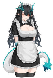 Rule 34 | 1girl, absurdres, alternate costume, apron, aqua skin, arknights, arms behind back, black dress, black hair, black thighhighs, blush, breasts, cleavage, cleavage cutout, clothing cutout, colored skin, commentary, cowboy shot, cropped legs, dragon girl, dragon horns, dragon tail, dress, dusk (arknights), embarrassed, enmaided, green hair, hair over one eye, highres, horns, large breasts, long hair, maid, maid headdress, multicolored hair, orange eyes, parted lips, pointy ears, puffy short sleeves, puffy sleeves, rain (rain8649), short sleeves, simple background, solo, streaked hair, tail, thighhighs, waist apron, wavy hair, white apron