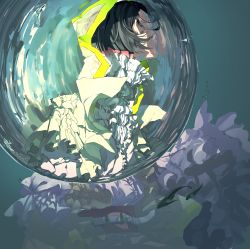 Rule 34 | 1girl, absurdres, air bubble, black hair, blue background, bubble, commentary request, dress, facing away, fish, frilled dress, frills, highres, looking away, nico-tine, original, purple dress, short hair, simple background, solo, upper body, white dress