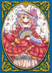 Rule 34 | 13 (spice!!), 1girl, arm garter, bad id, bad pixiv id, blonde hair, blue eyes, blush, bow, brooch, choker, closed mouth, collarbone, dress, drill hair, floral background, flower, folding fan, framed, frilled sleeves, frills, hand fan, hat, hat feather, hat flower, highres, holding, holding fan, jewelry, juliet sleeves, long hair, long sleeves, looking at viewer, original, puffy sleeves, red dress, ribbon choker, smile, solo, victorian, white hat, wide sleeves, yellow bow