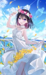 Rule 34 | 1girl, azki (hololive), bare shoulders, black hair, blush, breasts, colored inner hair, dress, flower, hair flower, hair ornament, highres, hololive, looking at viewer, medium breasts, miwano rag, multicolored hair, open mouth, pink hair, purple eyes, short hair, smile, solo, virtual youtuber, white dress