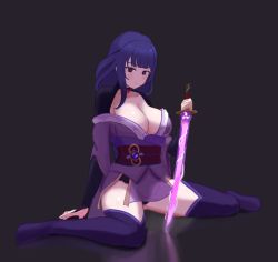 Rule 34 | 1girl, black background, breasts, bridal gauntlets, cleavage, closed mouth, commentary, english commentary, genshin impact, highres, holding, holding sword, holding weapon, japanese clothes, kimono, large breasts, long hair, looking at viewer, mitsudomoe (shape), mole, mole under eye, purple eyes, purple hair, raiden shogun, sash, simple background, sitting, solo, sword, taiko bo, tomoe (symbol), weapon
