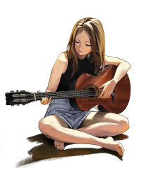 Rule 34 | 1girl, absurdres, barefoot, black shirt, blue eyes, brown eyes, grey shorts, guitar, half-closed eyes, highres, indian style, instrument, looking down, minj kim, music, original, photo-referenced, playing instrument, shirt, shorts, sitting, sleeveless, sleeveless shirt, soles, solo, thighs, white background