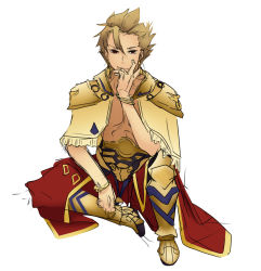 Rule 34 | 1boy, gilgamesh (fate/prototype), armor, bangle, blonde hair, bracelet, chibibro, colorfag, colorized, earrings, fate/prototype, fate (series), faulds, greaves, highres, jewelry, male focus, pauldrons, red eyes, topless male, short hair, shoulder armor, solo