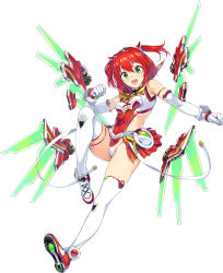 Rule 34 | 1girl, detached wings, elbow gloves, escalation heroines, full body, gin (ginshari), gloves, green eyes, highres, leotard, mecha musume, mechanical wings, multiple wings, official art, open mouth, photoshop (medium), pleated skirt, red hair, red sailor collar, red skirt, sailor collar, short hair, skirt, sleeveless, solo, sonozaki akari, thighhighs, two side up, white background, white gloves, white thighhighs, wings