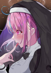 Rule 34 | 1girl, absurdres, ahoge, asphalt494, black nails, black veil, blue hair, blush, braid, breasts, commentary request, from side, halo, hand up, highres, hololive, kamippoina (vocaloid), large breasts, licking, licking finger, looking away, minato aqua, multicolored hair, nail polish, nun, open mouth, pink hair, purple eyes, solo, streaked hair, tongue, tongue out, upper body, veil, virtual youtuber, vocaloid