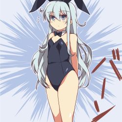 Rule 34 | 1girl, alternate costume, animal ears, arms behind back, bare legs, bare shoulders, black leotard, blue background, blue eyes, blush, bow, bowtie, closed mouth, covered navel, cowboy shot, detached collar, fake animal ears, flat chest, hair between eyes, hibiki (kancolle), kantai collection, leotard, light smile, long hair, looking at viewer, playboy bunny, silver hair, simple background, solo, standing, strapless, text focus, wahiko (black bastard), wrist cuffs