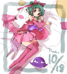 Rule 34 | 1990s (style), 1girl, bed, blue eyes, bow, breasts, cape, detached sleeves, dress, earrings, elbow gloves, final fantasy, final fantasy vi, gloves, green hair, hair ribbon, jewelry, long hair, moogle, ultros, pantyhose, pillow, ponytail, retro artstyle, ribbon, see-through, solo, strapless, strapless dress, taruton, thighhighs, tina branford