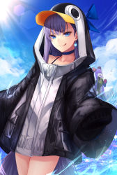 Rule 34 | 2girls, animal hood, bare shoulders, black jacket, blue bow, blue eyes, blue sky, bow, breasts, choker, collarbone, day, earrings, fate/grand order, fate (series), hair between eyes, highres, hood, ironatsuki, jacket, jewelry, kingprotea (fate), kingprotea (second ascension) (fate), lens flare, licking lips, long hair, long sleeves, looking at viewer, meltryllis, meltryllis (fate), meltryllis (swimsuit lancer) (fate), meltryllis (swimsuit lancer) (first ascension) (fate), multiple girls, ocean, penguin hood, purple hair, sky, sleeves past fingers, sleeves past wrists, small breasts, smile, solo focus, thighs, tongue, tongue out, very long hair, water