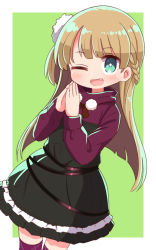 Rule 34 | 1girl, ;d, black dress, blush, braid, brown hair, commentary request, dohna dohna issho ni warui koto o shiyou, dress, fang, female focus, green background, green eyes, hands up, high collar, highres, long hair, long sleeves, looking at viewer, mob (dohna dohna), naga u, one eye closed, open mouth, purple shirt, purple thighhighs, shirt, sleeves past wrists, smile, solo, steepled fingers, thighhighs, two-tone background, very long hair, white background