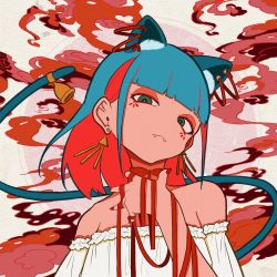 Rule 34 | 1girl, animal ear fluff, animal ears, aqua eyes, bare shoulders, bell, blue hair, cat ears, cat tail, colored inner hair, earrings, extra ears, eyeshadow, facial mark, fangs, female focus, half-closed eyes, head tilt, highres, imo guru, jewelry, looking at viewer, makeup, multicolored hair, nail polish, off-shoulder shirt, off shoulder, original, red hair, red nails, red ribbon, ribbon, shirt, smug, solo, tail, tail bell, tail ornament, upper body