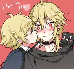 Rule 34 | blonde hair, blush, kissing cheek, closed mouth, closed eyes, kiss, looking at another, male focus, mizuhoshi taichi, oliver (vocaloid), one eye closed, red background, red eyes, sailor collar, simple background, tearing up, upper body, vocaloid, yohioloid