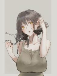 Rule 34 | 1girl, bare arms, black hair, breasts, collarbone, curled horns, dress, elf, grey background, head tilt, highres, horns, huge breasts, impossible clothes, impossible dress, looking at viewer, medium hair, myoona (noccu), noccu, original, parted lips, pillarboxed, pointy ears, simple background, solo, tail, twitter username, yellow eyes