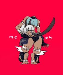 Rule 34 | 1girl, 2016, 770mk, :3, animal ears, ass, back, black collar, black gloves, black shorts, blouse, blue eyes, blue shirt, butt crack, cat ears, cat girl, cat tail, claws, collar, commentary, crop top, dark-skinned female, dark skin, facing away, fang, fingerless gloves, full body, gloves, kneeling, looking at viewer, micro shorts, ms. fortune (skullgirls), panties, red background, revealing clothes, scar, scar on arm, scar on leg, severed head, shirt, short hair, shorts, skullgirls, solo, tail, underwear, white hair