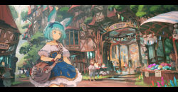 Rule 34 | 1girl, 6+others, ambiguous gender, animal ear fluff, animal ears, aqua hair, arm at side, bag, bare shoulders, blue bow, blue dress, blue eyes, bow, breasts, building, closed mouth, commentary request, cowboy shot, day, dress, fantasy, frilled skirt, frills, hair bow, hair ornament, hairband, highres, jean popo, letterboxed, looking away, multiple others, off shoulder, original, outdoors, puffy short sleeves, puffy sleeves, red bow, scenery, short hair, short sleeves, shoulder bag, sign, skirt, small breasts, solo focus, standing, white dress, wide shot