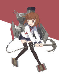 Rule 34 | 1girl, :d, anchor, bad id, bad pixiv id, black sailor collar, black skirt, black thighhighs, brown eyes, brown footwear, brown hair, cnm, highres, ikazuchi (kancolle), kantai collection, long sleeves, machinery, neckerchief, open mouth, pleated skirt, red neckerchief, sailor collar, school uniform, serafuku, shoes, short hair, skirt, smile, solo, thighhighs, turret