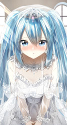 Rule 34 | 1girl, :o, absurdres, bare arms, bare shoulders, blue eyes, blue hair, blush, breasts, bridal veil, collarbone, commentary, dress, frilled dress, frills, hair between eyes, hatsune miku, highres, indoors, long hair, looking at viewer, medium breasts, nose blush, parted lips, pentagon (railgun ky1206), see-through, solo, strapless, strapless dress, tiara, twintails, veil, very long hair, vocaloid, wedding dress, window