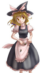 Rule 34 | 1girl, apron, black hat, black skirt, black vest, blonde hair, bow, braid, closed mouth, eyebrows, female focus, fifty, frilled apron, frills, hair bow, hat, hat bow, hat ribbon, kirisame marisa, leaf, long hair, puffy short sleeves, puffy sleeves, purple bow, ribbon, shirt, short sleeves, simple background, skirt, smile, solo, touhou, vest, waist apron, white apron, white background, white bow, white ribbon, white shirt, witch hat, yellow eyes