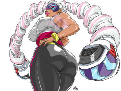 Rule 34 | 1girl, armpits, arms (game), ass, breasts, curvy, earrings, female focus, green eyes, hands on own hips, hip focus, huge ass, jewelry, long hair, looking at viewer, looking down, medium breasts, nail polish, nintendo, numahana, parted lips, simple background, smell, smile, solo, steam, thick lips, thick thighs, thighs, twintails, twintelle (arms), very long hair, white background, white hair, wide hips