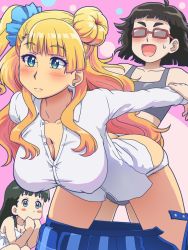 Rule 34 | 3girls, ass, awa, black hair, blonde hair, blue eyes, blush, breasts, butt crack, cleavage, closed mouth, doggystyle, dry humping, earrings, galko, glasses, hair bun, humping, jewelry, long hair, multiple girls, ojou (galko), one side up, open mouth, oshiete! galko-chan, otako (galko), panties, red-framed eyewear, sex, sex from behind, short hair, smile, underwear, yuri