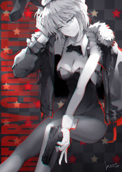 Rule 34 | 1girl, absurdres, animal ears, bow, bowtie, breasts, checkered background, cleavage, closed mouth, detached collar, english text, fake animal ears, fur jacket, gun, hand in own hair, handgun, highres, holding, holding gun, holding weapon, jacket, laphroaig 30 years, leotard, limited palette, long sleeves, looking at viewer, medium breasts, meitantei conan, merry christmas, miyano shiho, open clothes, open jacket, pantyhose, rabbit ears, short hair, smile, solo, strapless, strapless leotard, weapon, wrist cuffs