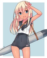 Rule 34 | 10s, 1girl, bad id, bad pixiv id, blonde hair, blue eyes, covered navel, cowboy shot, crop top, flower, gluteal fold, hair flower, hair ornament, highres, kantai collection, kure (kure ng), long hair, looking at viewer, one-piece tan, open mouth, ro-500 (kancolle), sailor collar, salute, school swimsuit, solo, standing, swimsuit, swimsuit under clothes, tan, tanline, torpedo, twitter username
