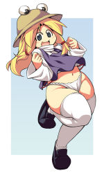 Rule 34 | 1girl, bad id, bad pixiv id, blonde hair, female focus, flat chest, fundoshi, grey eyes, hair ribbon, hat, japanese clothes, long hair, long sleeves, midriff, moriya suwako, navel, no pants, open mouth, plump, ribbon, shirt, smile, solo, standing, standing on one leg, thick thighs, thighhighs, thighs, touhou, uccow, vest, white thighhighs, wide hips