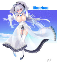 Rule 34 | 1girl, azur lane, blue eyes, blush, breasts, c.r., character name, cleavage, commentary request, dress, elbow gloves, gloves, gluteal fold, hair ornament, hands on headwear, hat, highres, illustrious (azur lane), large breasts, long hair, looking at viewer, low twintails, mole, mole under eye, panties, revision, smile, solo, thighhighs, twintails, underwear, very long hair, white dress, white gloves, white hair, white thighhighs