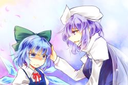 Rule 34 | 2girls, blue dress, blue eyes, blue hair, bow, cape, cirno, dress, hair bow, hand on another&#039;s head, hat, headpat, ice, ice wings, juliet sleeves, kutsuki kai, letty whiterock, long sleeves, looking down, multiple girls, open mouth, pout, puffy sleeves, purple eyes, purple hair, shirt, smile, tears, touhou, wavy mouth, wings